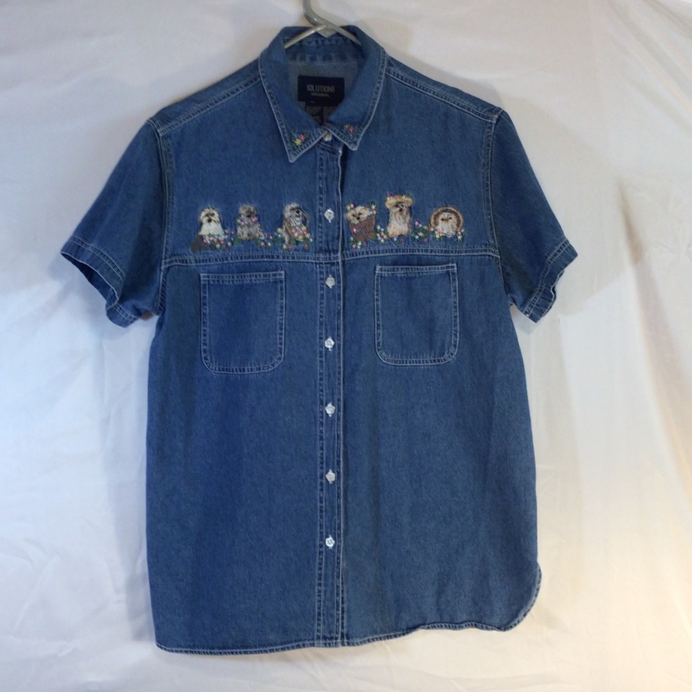Solutions Original Women M Embroidered Dog Denim Shirt Cottagecore Button Up